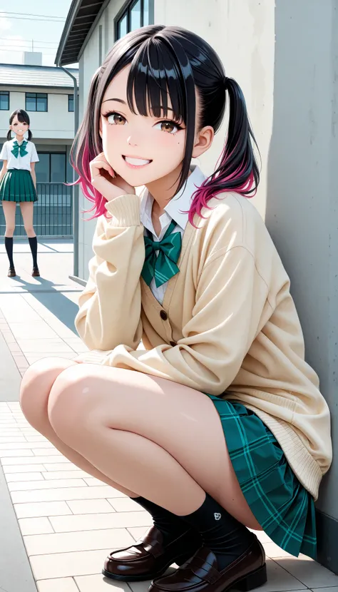 ( Cute age Girls , petite body, brown eyes), 1 female:1.6, (Beautiful High School Girls by Yoshitomo Nara, black hair with pink inner color hair, twin tails, asymmetrical bangs, mole under the eye:1.2, small face, beautiful skin), glossy lips , very d...
