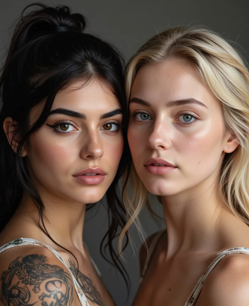  two girls, one with black hair, dark brown eyes from Iran, eyeliner, some tattoos and piercings, and the other sister with blonde hair with some nice, puffy waves, blue eyes, freckles, and a clean style. Both sisters