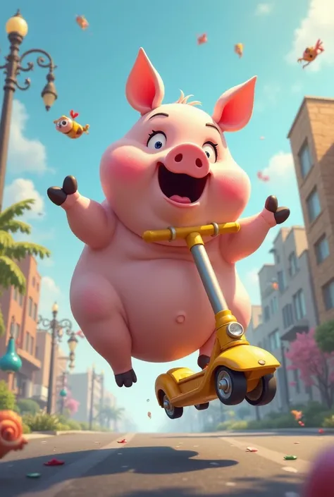 Pig falling while riding a scooter