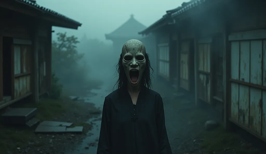 (masterpiece:1.4),best quality,ultra high res,(photo realistic:1.6),(horror:1.8),woman wearing a clay figure mask,old japanese storehouse,scared,Fear,eerie,spooky,weird,ominous,night,fog