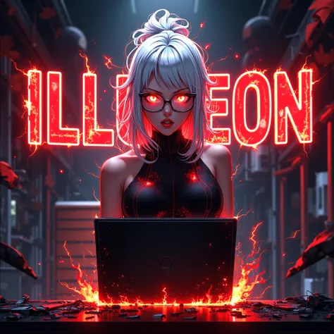 Epic anime style illustration of an HD girl with flaming white hair, wearing a black dress, use smart glasses, standing to do some hacking on laptop with a red colored electric aura in study room. Her eyes glow brightly, her facial expressions are sharp an...