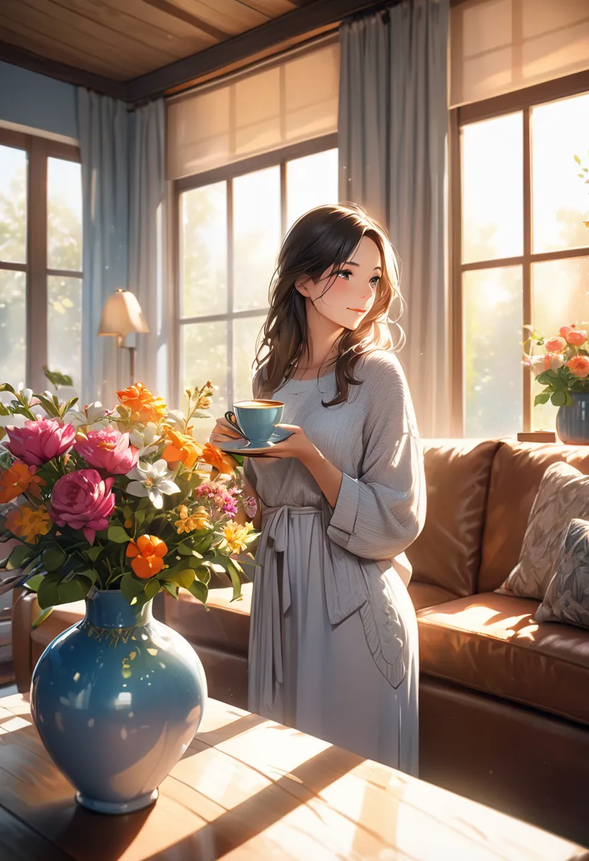 Bright Morning、living room、Flower Vase 、Beautiful woman holding a steaming coffee cup standing by the window