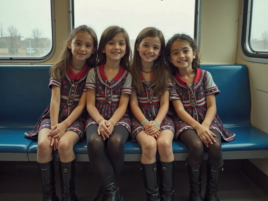 four arabic 6years girls kisses sitting on train seat, View Photographer, whole body, (Smiling at the photographer), tight open breast tits russia school uniform, High boots, Clothes that show the open chest、Thin and long elbows、(wearing a open breast top,...