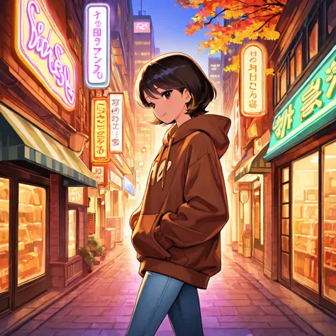 Moe chibi Asian dark-haired woman walking on a street in a 21st-century Korean city