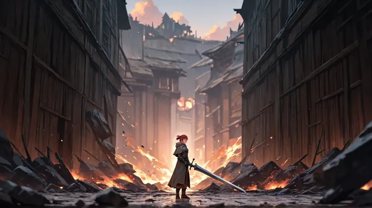  huge _very high resolution, high resolution,  masterpiece, recent, 1 female,  red hair tied,  red eyes, Greatsword, side view, medieval adventurer outfit, , light armor, cloak, short hair,  due to attack , Scattering flames, fallen soldiers,  soft_light, ...