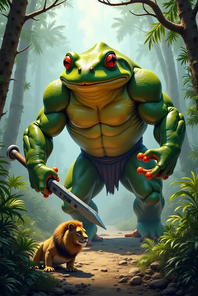 a picture of a large yellow and green muscular frog looking for a lion in the wild who is hiding in fear of the frog with a weapon in his hand