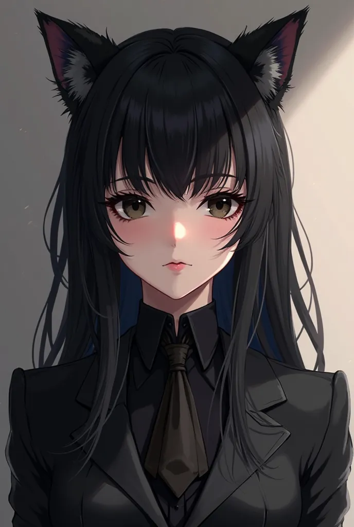 Create me an anime character Mangua black skin very pretty girl who has cat ears, deep black eyes and a lot of eyelashes who has too long black hair and who wears a black Caravate black suit 