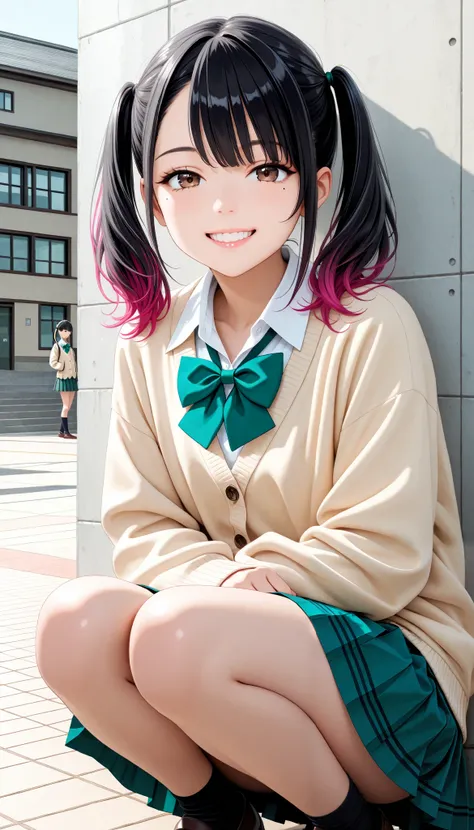 ( Cute age Girls , petite body, brown eyes), 1 female:1.6, (Beautiful High School Girls by Yoshitomo Nara, black hair with pink inner color hair, twin tails, asymmetrical bangs, mole under the eye:1.2, small face, beautiful skin), glossy lips , very d...