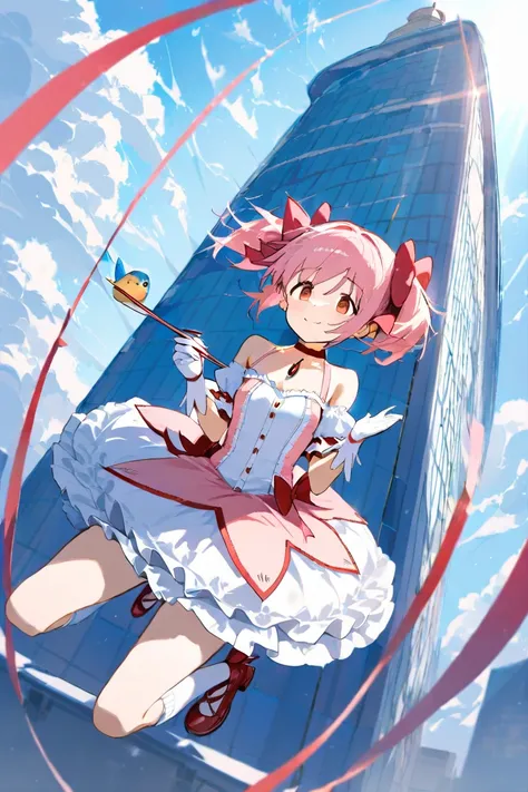 ( top quality,  masterpiece:1.2),  very detailed face holding chopsticks on it,  1 girl,    Kaname Madoka  ,  pink hair,   short twin tails,jumps
Madoka costume,Open hands
red shoes,  gloves,   socks,  layered skirt ,   thigh-breaking ruffle skirt,Red ribb...