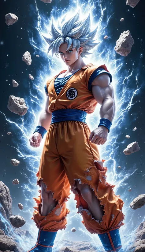 A highly detailed and realistic depiction of Goku in his Ultra Instinct form from Dragon Ball. His silver hair glows with divine energy, and his eyes radiate a calm yet powerful aura. His muscular body is battle-worn, his torn orange and blue gi flowing wi...