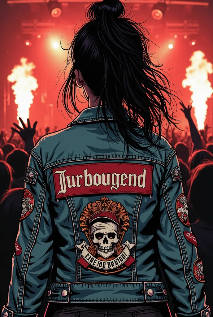 close up of the back of a girl in a punkrock denim jacket, punkrock concert and beer in the background, the top of the jacket has the text "Turbojugend", patches on the arms of the jacket, grunge, illustration, black white and red coclours