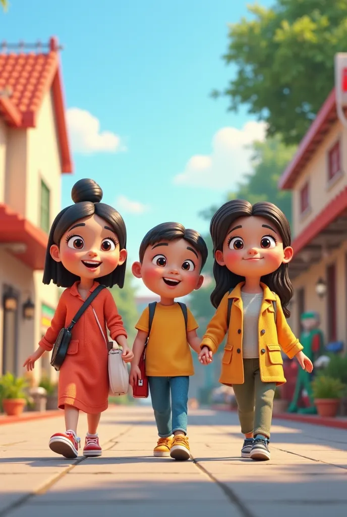 3D cartoon of 3 mothers and ren going to the supermarket 