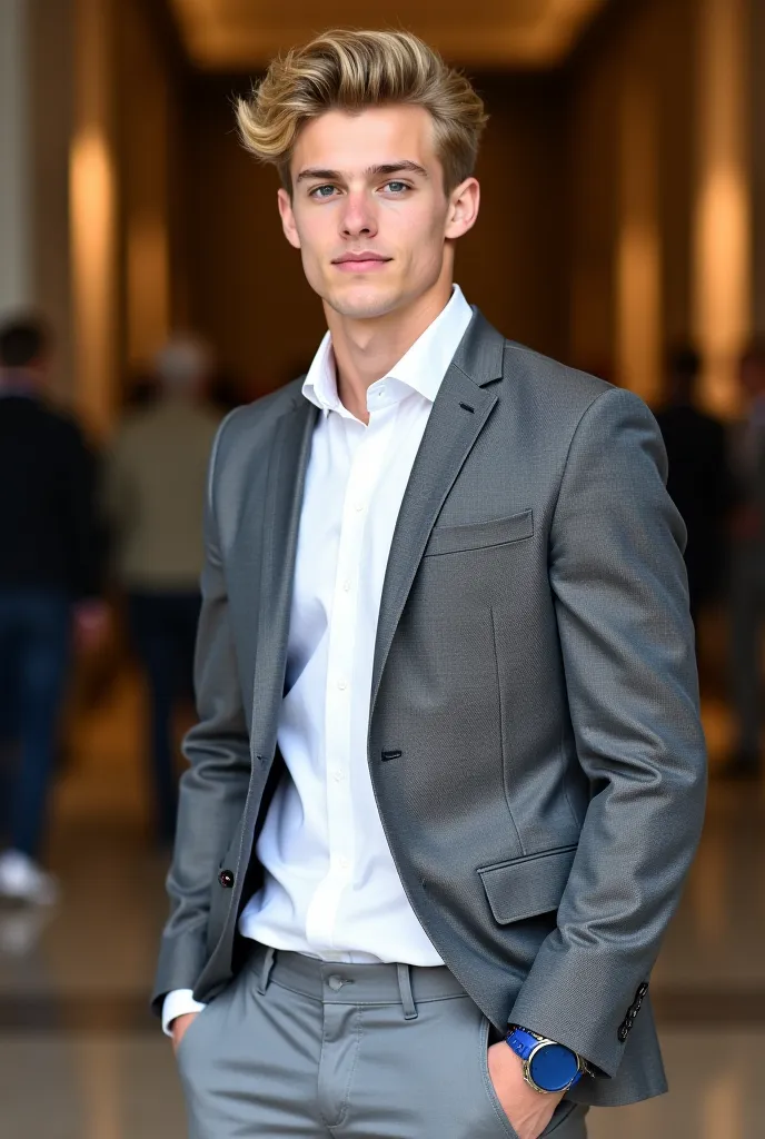 A stylish 18-year-old young man with wavy blonde hair (medium length), hazel-brown eyes, athletic and well-defined physique (1.83m, 82kg). He is dressed for graduation, wearing an ash grey blazer, white dress shirt, ash grey chino pants, and white dress sn...