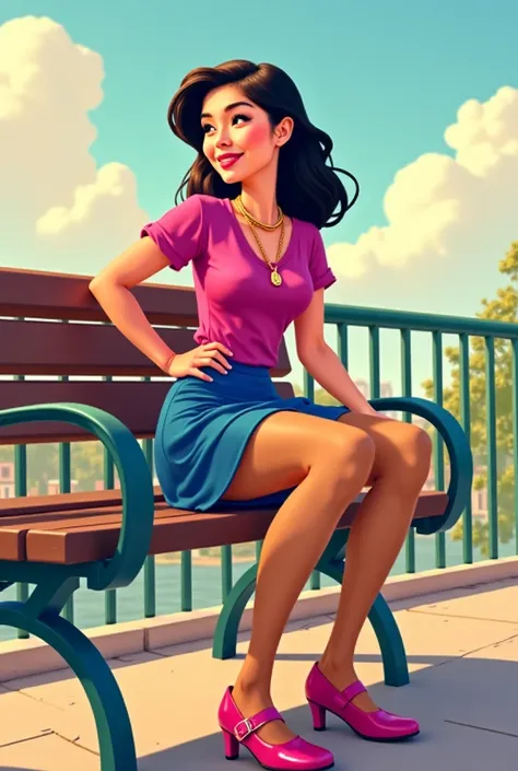 Tip: A very lovely  beautiful Asian American woman being happy alone on a bench in Downtown San Diego in the sun..The illustration is a high definition illustration with 4k resolution., with highly detailed facial features and cartoon style visuals, fuchsi...