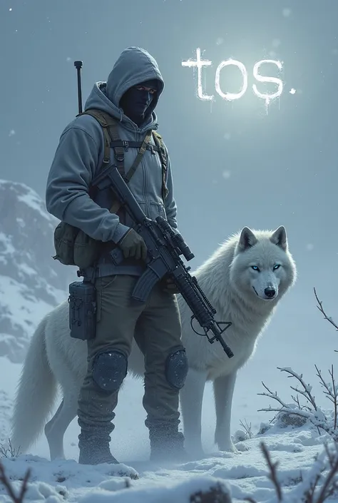 A man with a mask and a hoodie over his head, with a rifle in his hands, a blue-eyed white wolf next to, in a snowy environment and write the word “TOS” in the sky