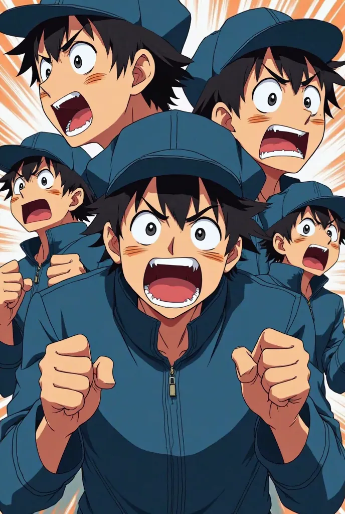 A man standing and having a frightened expression, wearing a blue jacket, and wearing a hat, black hair, and his visual type is anime makes various expressions.