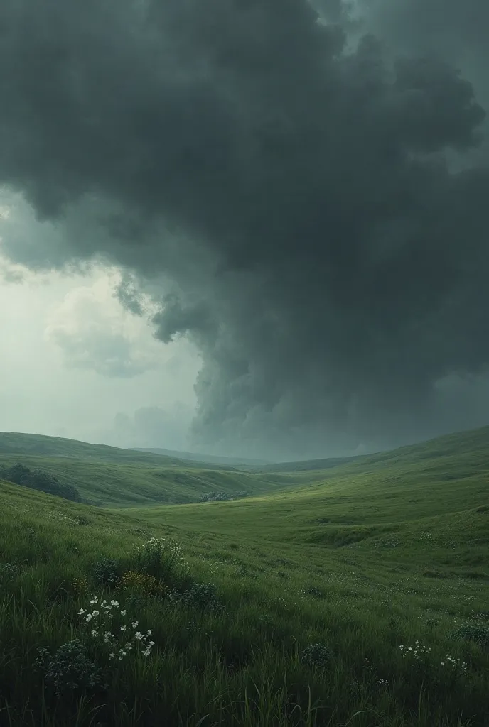  landscape of a field , In the background heavy black clouds, But without rain