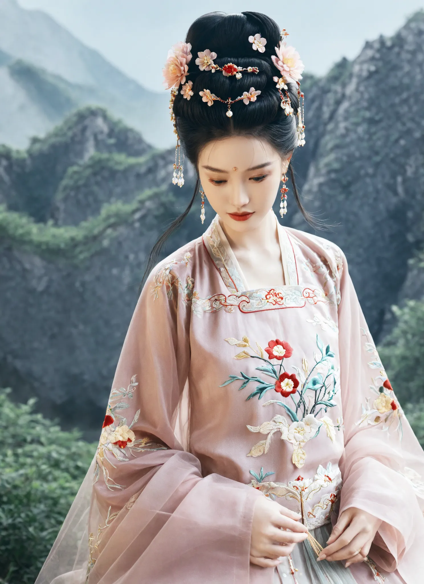  masterpiece,Highest quality,8k,Official Art,Ultra High Definition,1 girl,viewers,Chinese clothing,Hanfu,  jewelry,hair ornaments close to the garden,upper body,Alone,earrings,  snowy mountain  ,Ruins,flower,  black hair,necklaces,teeth,hair bun, dress, wh...