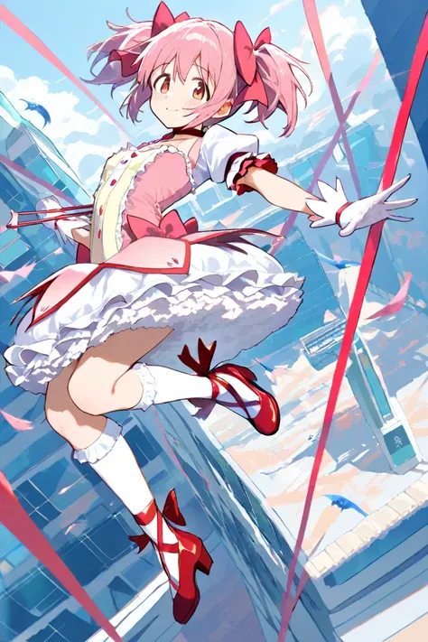 ( top quality,  masterpiece:1.2),  very detailed face holding chopsticks on it,  1 girl,    Kaname Madoka  ,  pink hair,   short twin tails,jumps
Madoka costume,Open hands
red shoes,  gloves,   socks,  layered skirt ,   thigh-breaking ruffle skirt,Red ribb...