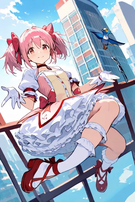 ( top quality,  masterpiece:1.2),  very detailed face holding chopsticks on it,  1 girl,    Kaname Madoka  ,  pink hair,   short twin tails,jumps
Madoka costume,Open hands
red shoes,  gloves,   socks,  layered skirt ,   thigh-breaking ruffle skirt,Red ribb...