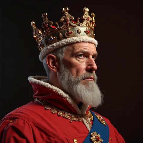 Create an image King Philip VI of France (red/French colors). He must be facing to the left. The image should depict him when he is about 65 years old. He should be on France royal robe and crown. The image should be from his shoulders as he faces left. Us...