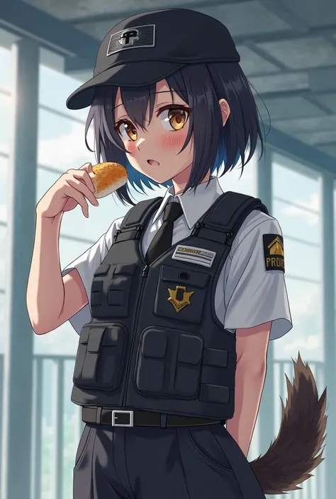 Adult prison guard women, black short bob hair, black officer baseball cap, brown eyes color, black german shepherd dog drop ears, brown german shepherd tail, black Bulletproof vest and white officer shirt and black tie inside, black trousers, She eating a...