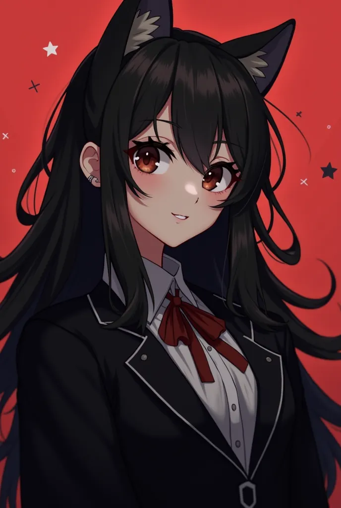 creee moi un personnage anime mangua sa peau est noir fille tres jolie qui a des oreille de chat des yeux noir profond et de beaucoup de cil qui a des cheveux noir trop long et qui porte un costume noir caravate noir et qui sourit avec ses dents de vampire...