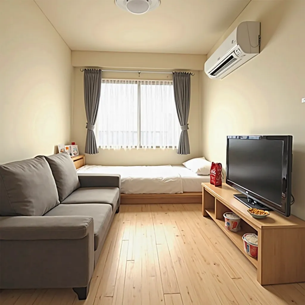 pictures of Tokyo apartments、simple furniture without patterns、Photorealistic、TV on the right、sofa on the left、Air conditioner in the upper right corner、Light Beige Wood Grain Flooring、low table in front of the sofa、Convenience store bag、undrank Coca Cola ...