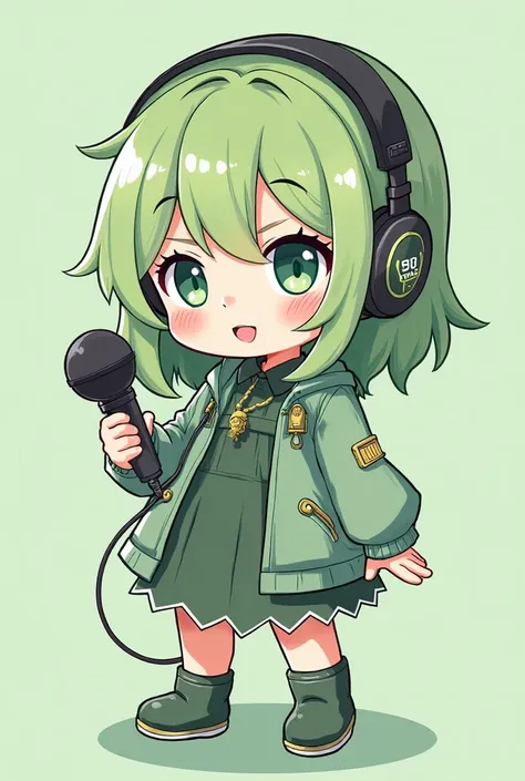 . A cartoon of a girl with headphones and a microphone, . The art style of the Rune Factory 5, holding a cold posture, The fact of the matter is, Stylized anime , Adopted personality, a rogue anime girl, Stylized anime , heavenly and green, . A full body t...