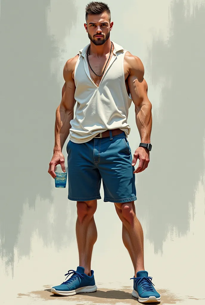 drawing of a young white boy with black eyes,  shaved hair  , thin and sparse beard, Muscular,  black-grade glasses , In blue shorts , white v-neck blouse ,  blue sneakers and a glass of vodka in hand