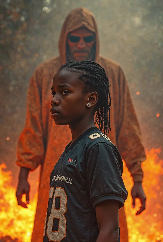 A black boy, Young, of braids, piercings no septo, Bracha sound, Nose and a microdermal in the middle of the forehead and American football jersey setting fire to a member of the Ku Klux Clan