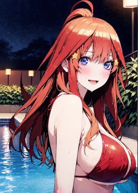 Nakano Mizuki , stupid hair, long hair,  blue eyes, hair ornaments close to the garden, red hair, star (  symbol ), smile,blush,opens her mouth,Big Breasts,Red string bikini swimsuit,Bare legs,Ponytail, wet swimsuit ,Wet Skin,wet hair,night,ナイト pool,綺麗なnig...