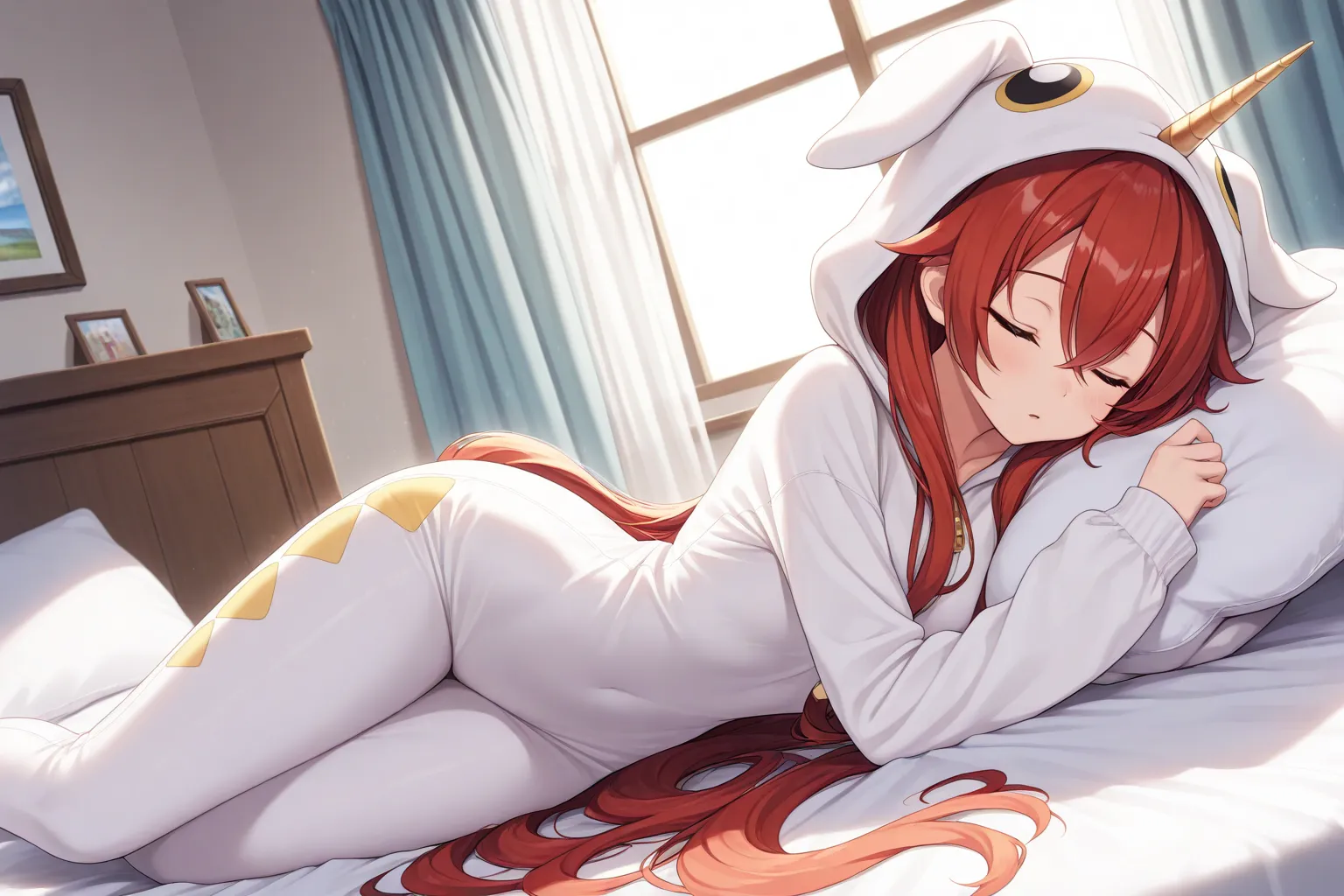 1 girl, golden eyes, red hair, very long hair, hair between eyes, beautiful, cool, closed eyes, sleeping, solo, groggy, wearing a unicorn onesies plush suit, hood on the head, lying in bed, modern bedroom, window, light leaks, curtains, (masterpiece), (hig...