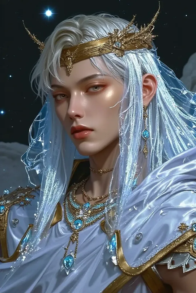 (masterpiece, best quality:1.2), 1men, solo, god of universes,dl mighty look, sympathy look, galaxy background, white veil, sliver custom, galaxy details, divine, superior, halo, muscular chest, reveal muscular chest, short hair, slide part hair, earrings,...