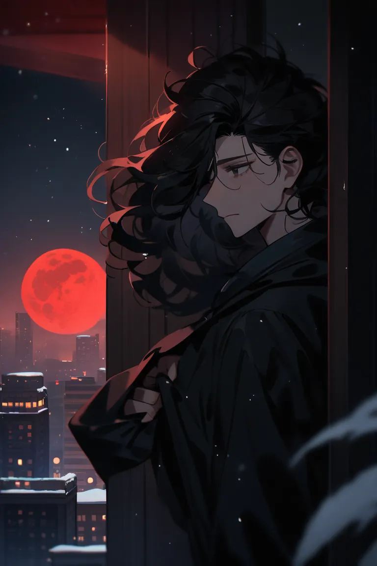 a man with dark hair and dark eyes is looking for a target as a sniper. Close one eye and climb on a tall building under the red moon on a dark night. Aiming in a disheveled position. The serious expression is charming, and the stars and moon shine in the ...