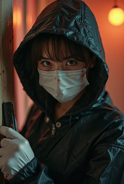 korean beautiful girl, (behind stiff, bloody surgical mask), bloody knife, stabbing, white latex gloves, hood up, bloody room, bloody black raincoat, foodie, black bucket hat, holding knife, hotel room, latex gloves, hidden, blood splatter, brown short hai...