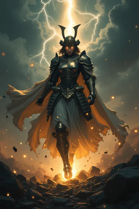  samurai、 Suetsu、A cybernetic female cosmic  samurai、[Hero's Landing]: A mighty hero descends from the stormy sky, landing with a thunderous impact. [Golden light radiates from their metal armor], [lightning arcs through storm clouds above], creating [dyna...