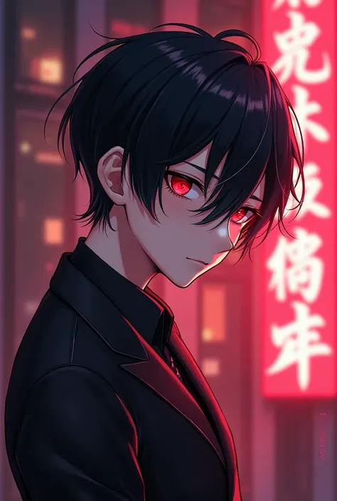 Male anime-style character , thin, Black-haired with some red highlights,  straight hair, medium hair