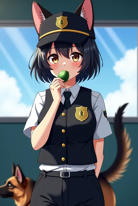 Adult prison guard women, black short bob hair, black officer baseball cap, brown eyes color, black german shepherd dog drop ears, brown german shepherd tail, black Bulletproof vest and white officer shirt and black tie inside, black trousers, She eating a...