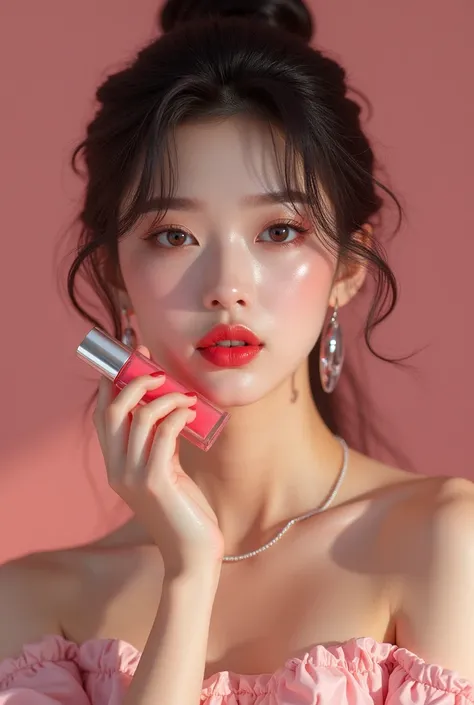 A Korean model holding a lip gloss striking a pose (realista)