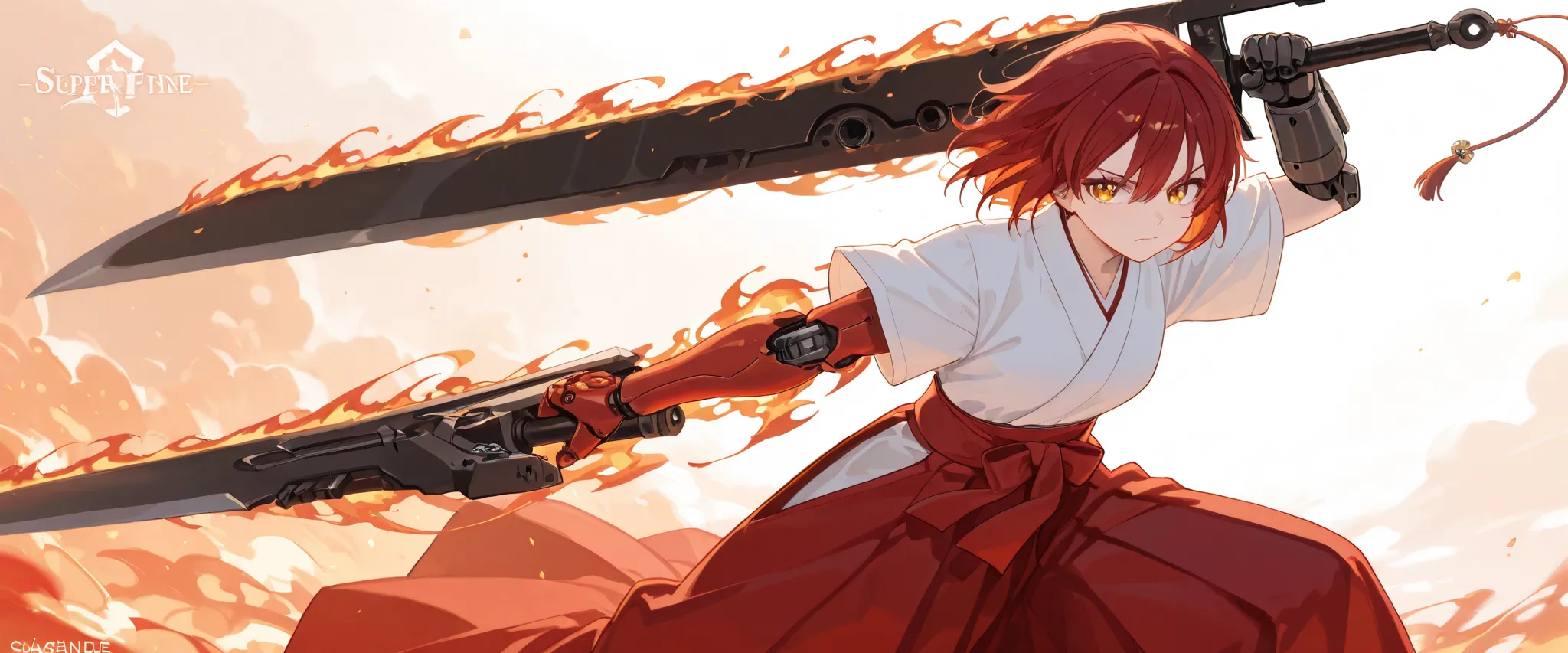 (best quality), high detailed, holding sword, (big weapon), (attack stance:1.1), action pose, oversized iron sword, Girl, mechanical arm, burning arm, Ruby blade, (Slash), serious, hakama, beautiful eyes, super fine eyes, (Close-up:1.1)