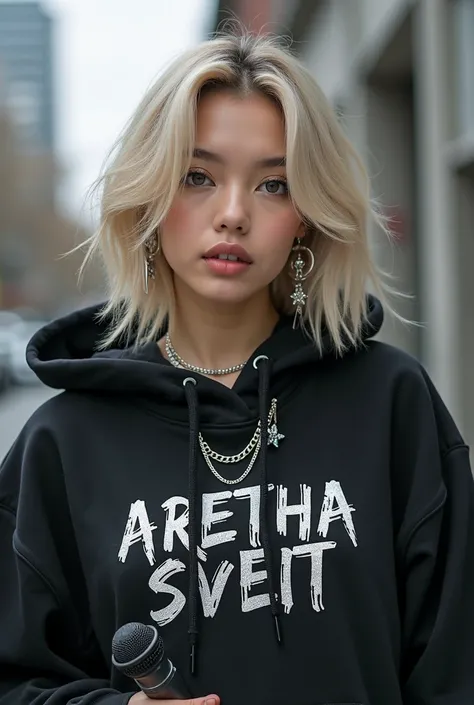 generate an image of a stylized portrait of a beautiful K-pop artist, wearing a black hoodie with [ARETHA SVEIT] printed on it in a silvery, stylized font. She has [Blonde] hair, and is wearing several silver necklaces and earrings. The background is blurr...