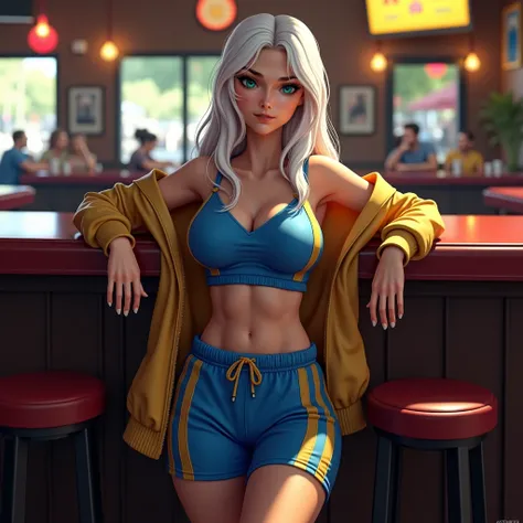 (best quality,4k,8k,highres,masterpiece:1.2),ultra-detailed, 1girl, Greek goddess Artemis as a college student, White hair, Mediterranean features and skin tone, Athletic build, wide feminine hips, wearing blue track top with gold sleeves and blue thigh le...