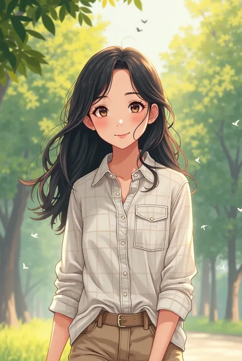 A young Asian girl，Age about 20 years，with soft black hair，Her hair is long and shoulder-length，and slightly curled。 Her skin is fair and smooth ，Delicate facial features， eyes big and bright ，Her eyes are gentle and confident。She is wearing a simple white...