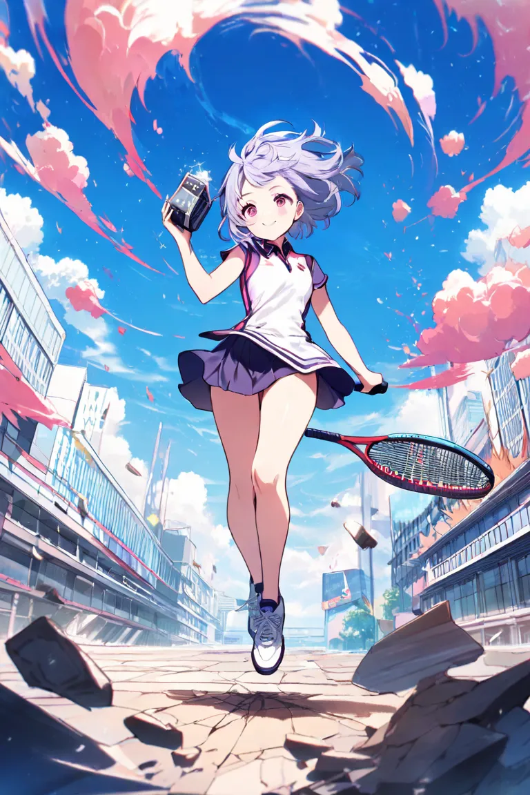 masterpiece, best quality, (1girl), full body, (cute anime face), (beautiful detailed girl), clear sky,

, smile,wearing tennis uniform,cracked floor, ((big racket in hand)),avenue suffer severe damage , building in disarray,background is exploding,cumulus...