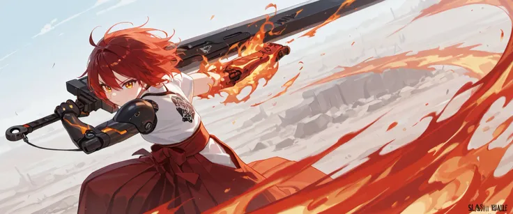 (best quality), high detailed, holding sword, (big weapon), (attack stance:1.1), action pose, oversized iron sword, Girl, mechanical arm, burning arm, Ruby blade, (Slash), serious, hakama, beautiful eyes, super fine eyes, (Close-up:1.1)