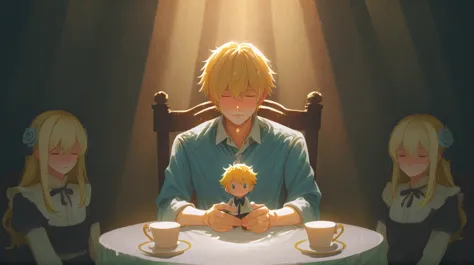 modern anime style, a young male boy with blonde hair at dinner table with spotlight, small plush dolls seated at other chairs. melancholy and ethereal. cinematic composition.