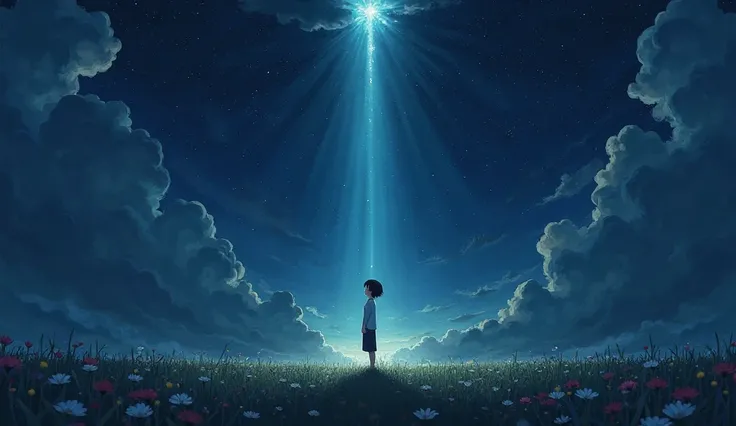 2D Anime Classic: A dark, starry night with a single beam of light breaking through the clouds. The light falls on a figure standing in a field, their face turned upward. Around them, shadows retreat, and flowers bloom in the light’s path, symbolizing hope...