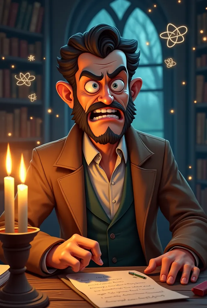 A scientific portrait, with an angry and almost supernatural expression. He wears a brown coat and is sitting in an office illuminated by mystical candles, surrounded by old books and floating atomic symbols. AFace in animated style,  cartoon, Magica style...