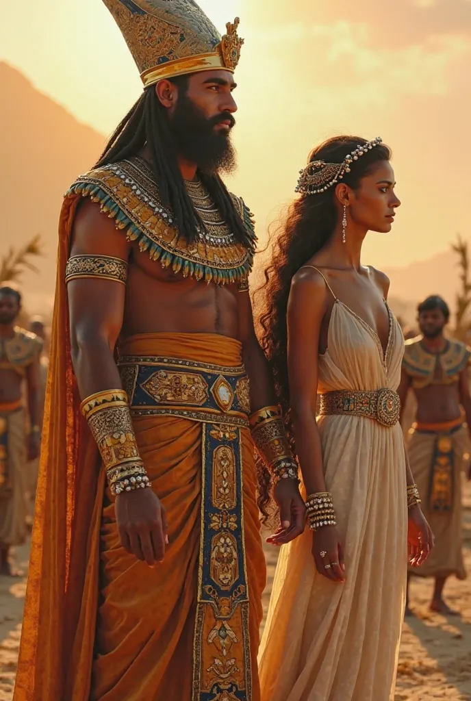 
Pharaoh with his glory and crown and his beard and pearls in it and the poor people are working in the fields and he is watching and his queen is also standing with him who is very beautiful and sexy in a dress very sexy standing with him and the dress on...